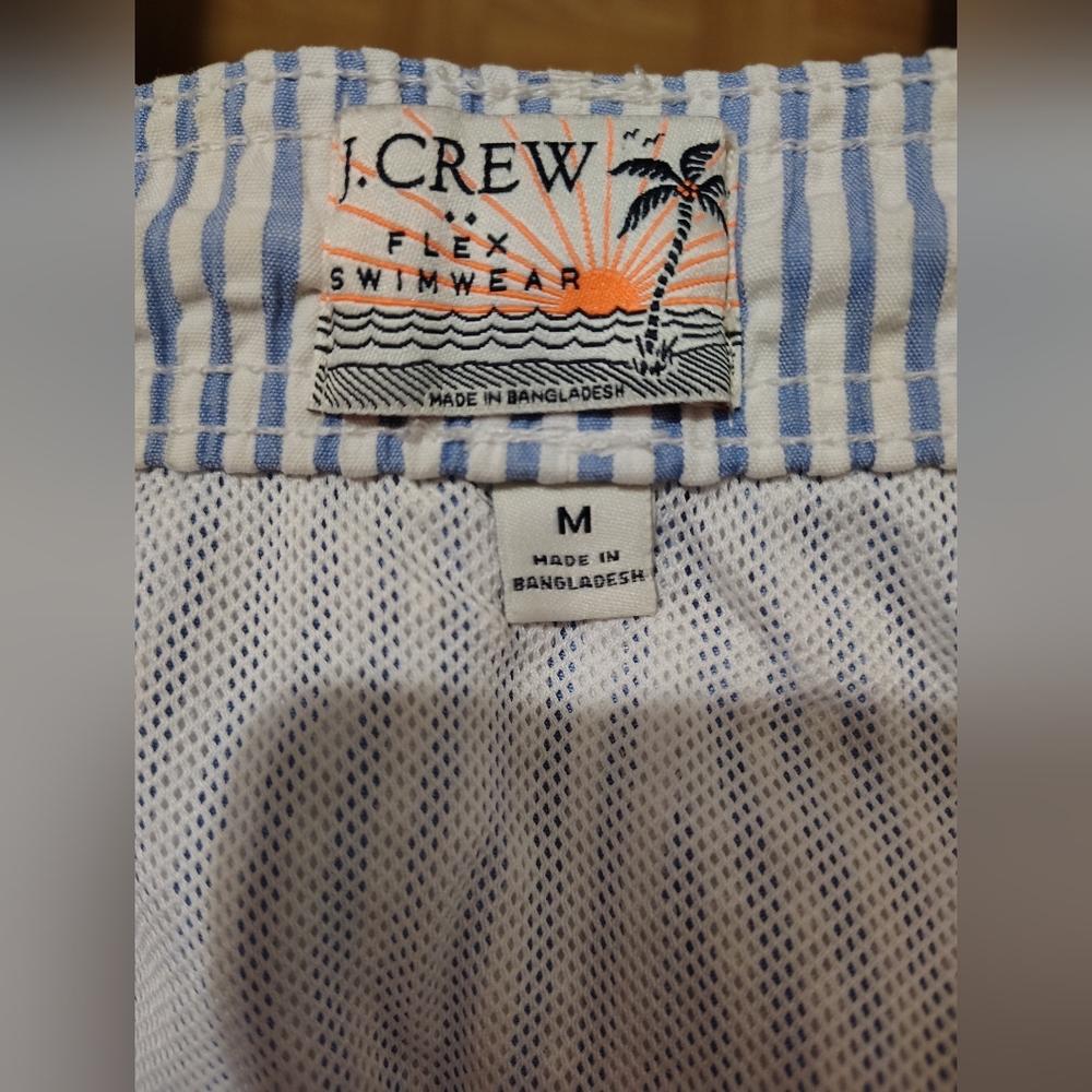 J Crew Swim Trunks Mens Medium Blue White Seersucker Lined 6" Shorts Surf Flex - Picture 7 of 12